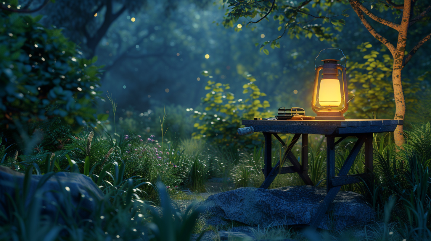 a serene camping scene at dusk with a glowing solar lantern illuminating a small table, surrounded by lush greenery, under a starry sky