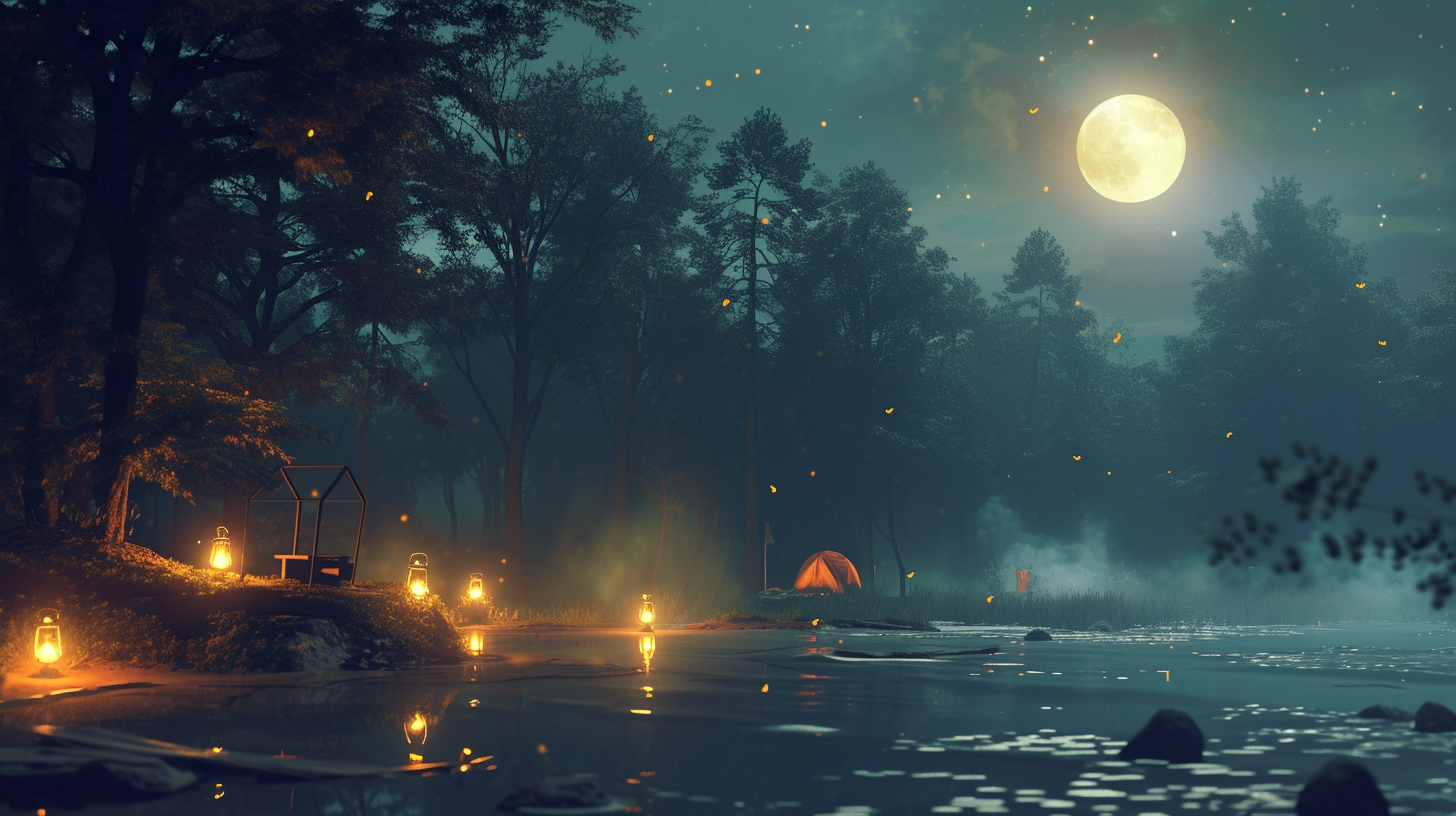 a serene, moonlit night with scattered lanterns illuminating a perimeter around a small, secure campsite