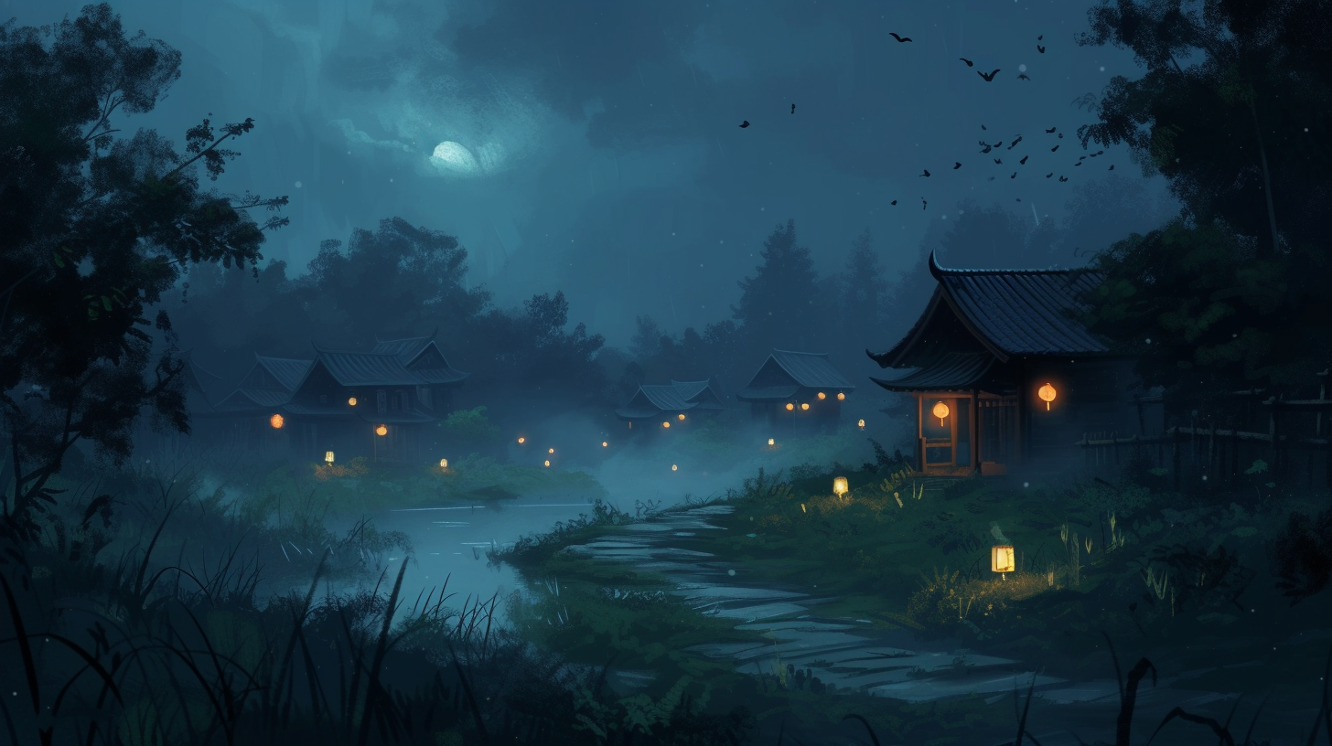 a serene village at night, with strategically placed, glowing lanterns along pathways and near houses, casting protective light