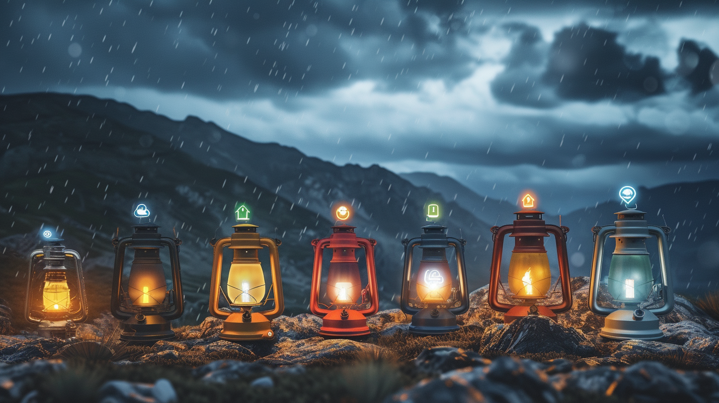 a variety of waterproof and windproof lanterns under a stormy sky, with icons representing different power sources