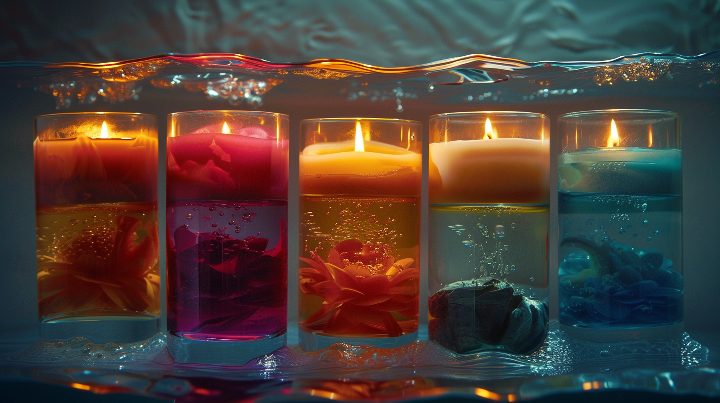 various candles (pillar, floating, tealight) encased in water-resistant coatings, displayed partially submerged in jars of water, with distinct colors