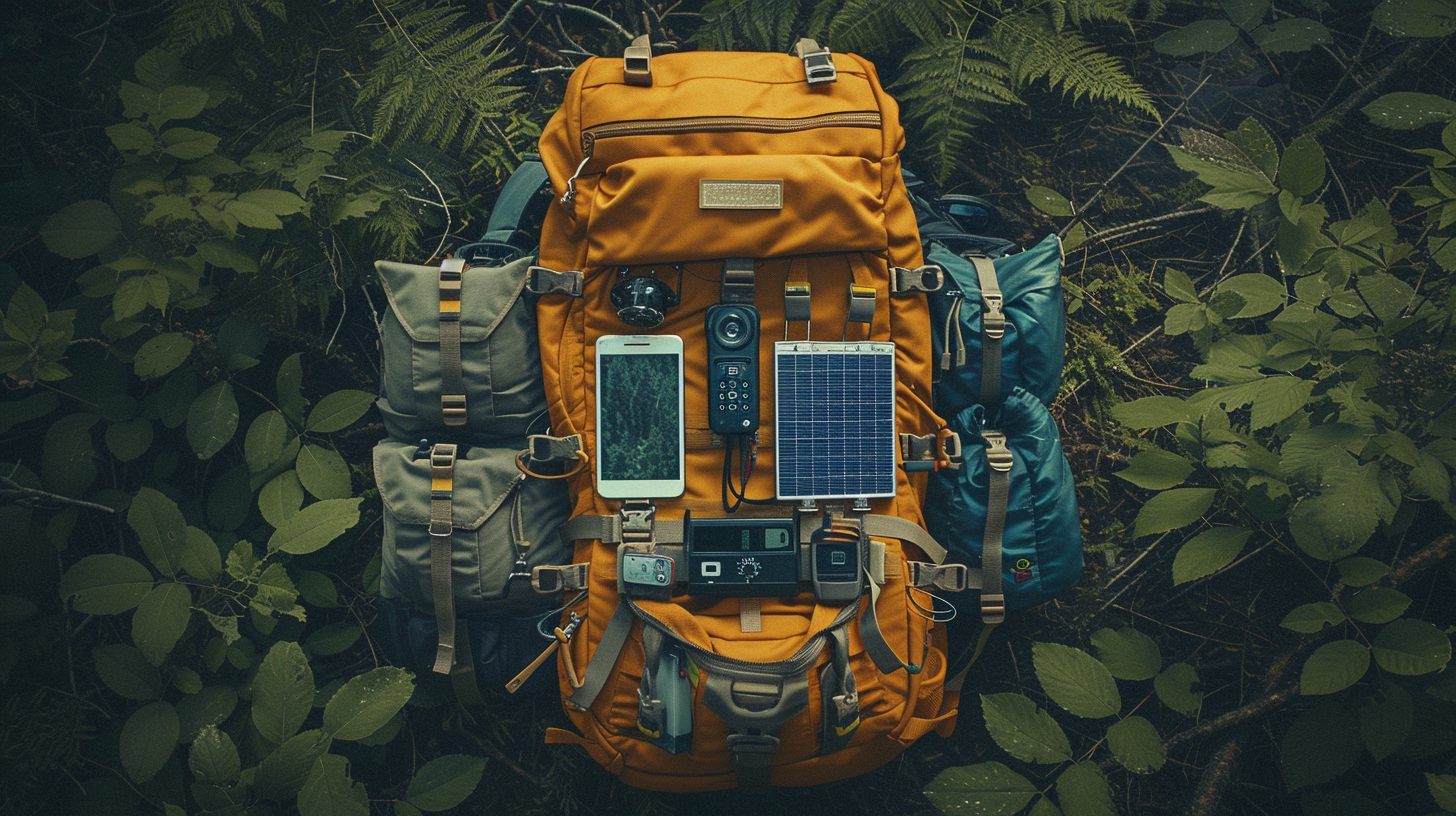 backpack showcasing a satellite phone and communication devices