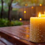 candle with raindrops sliding off its wax surface, placed beside a traditional candle soaked with water, both on a wooden table