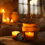 cozy, dimly-lit room with a terracotta pot inverted over a small candle cluster. Include a thermometer showing room temperature