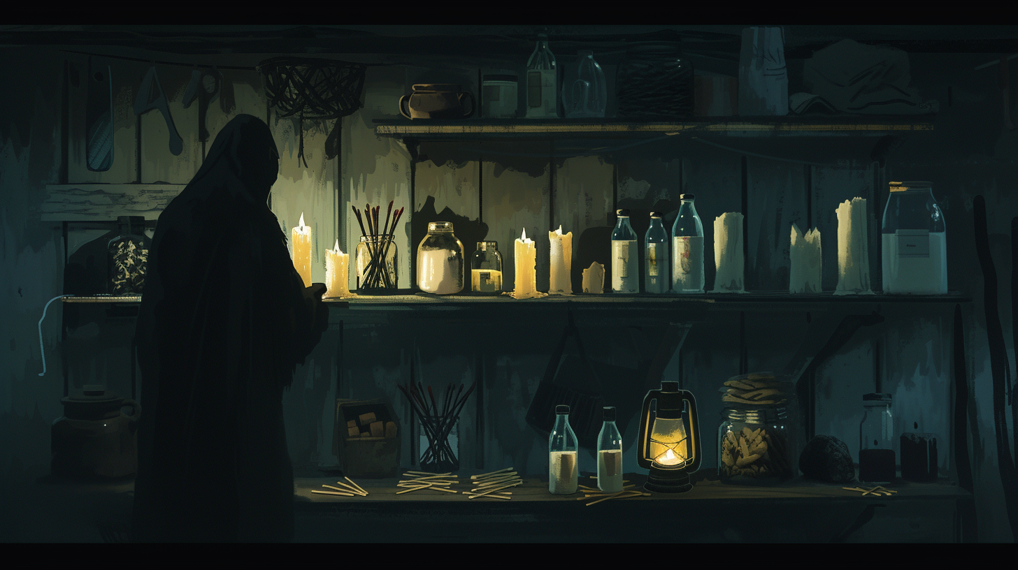 dark, rustic shelf stocked with various handmade candles, some in jars, alongside matches and a lantern, with a shadowy figure organizing them in a dimly lit, cozy prepper's storage room