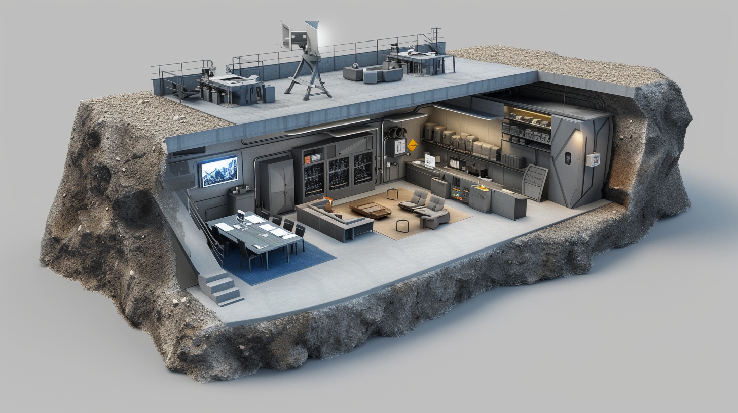 detailed cross-section of an underground bunker, highlighting an emergency protocol room with visual cues for surveillance, secure entry points, and emergency communication systems
