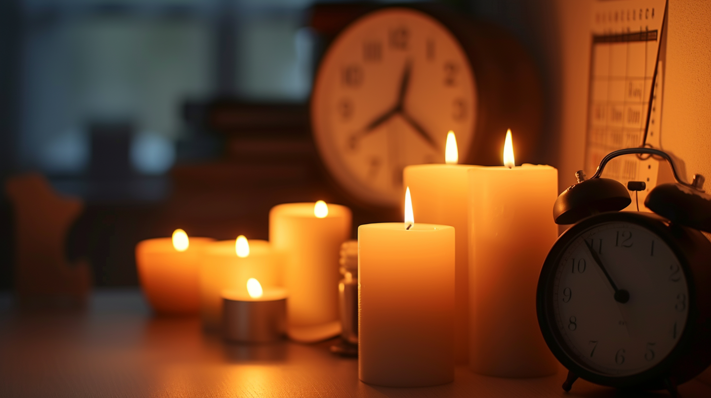 dimly lit room with an array of candles, each at different burn stages. Include a clock and a calendar to symbolize time
