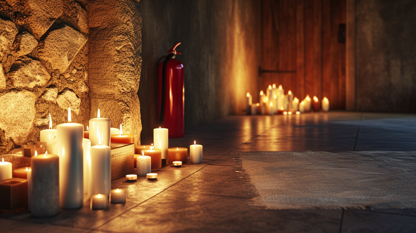 dimly lit room with various candles properly spaced on non-flammable surfaces, a fire extinguisher nearby, and clear, unobstructed pathways