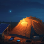 dimly lit tent at night, with a smartphone, a solar charger, and low-energy LED lights around it, all connected and functioning efficiently