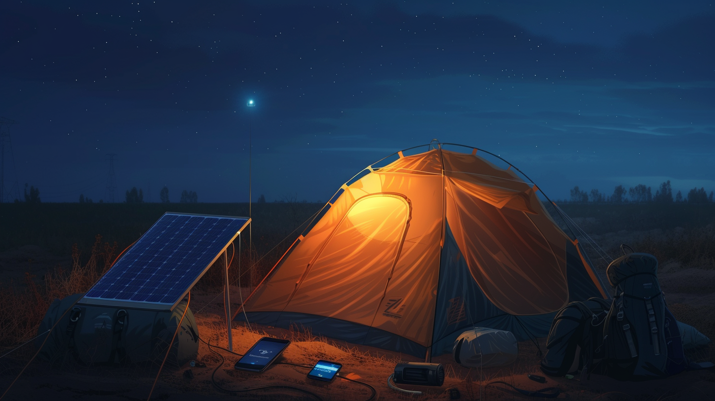 dimly lit tent at night, with a smartphone, a solar charger, and low-energy LED lights around it, all connected and functioning efficiently