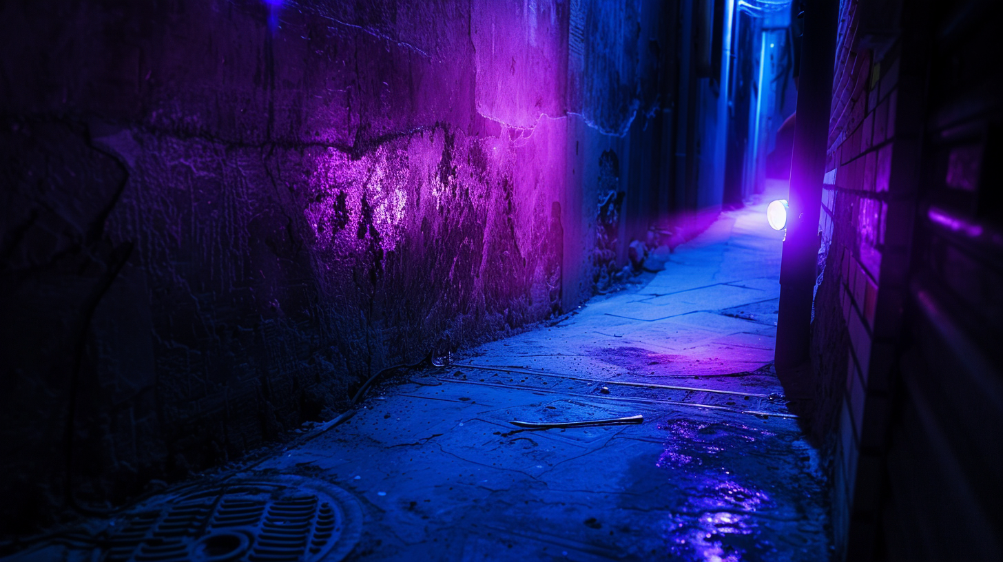 dimly lit urban alley at night, a person using an ultraviolet flashlight revealing hidden dangers