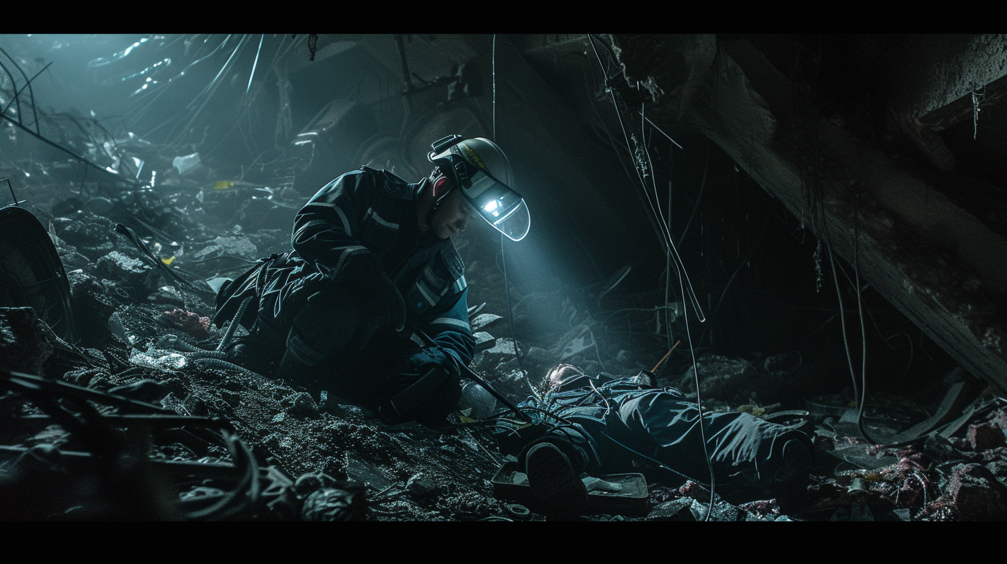 first responder using a headlamp to navigate through a dark, debris-filled environment, focusing on a detailed task like administering first aid to an injured person