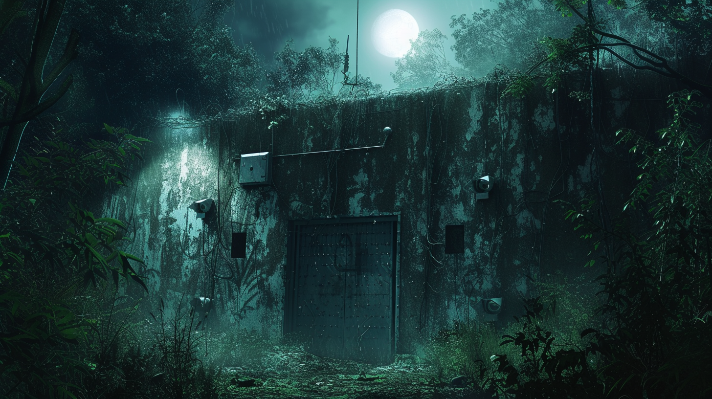 fortified underground bunker entrance, surrounded by high-tech surveillance cameras, motion sensors in a dense forest, with a subtle, hidden electrified fence and camouflaged guard posts