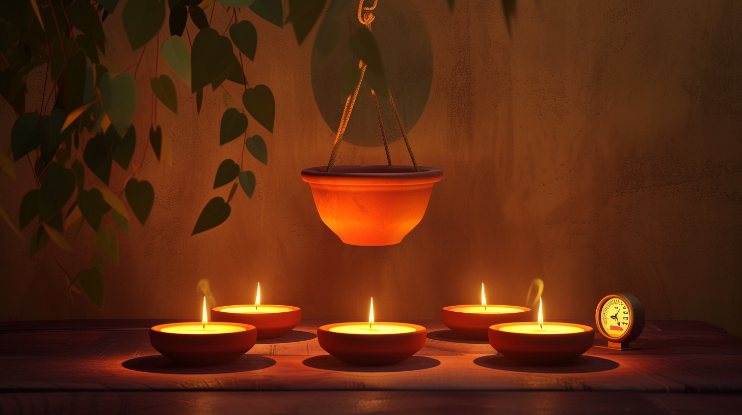 four tealight candles arranged in a circle, a terracotta pot is hanging over them, and a small thermometer beside candles