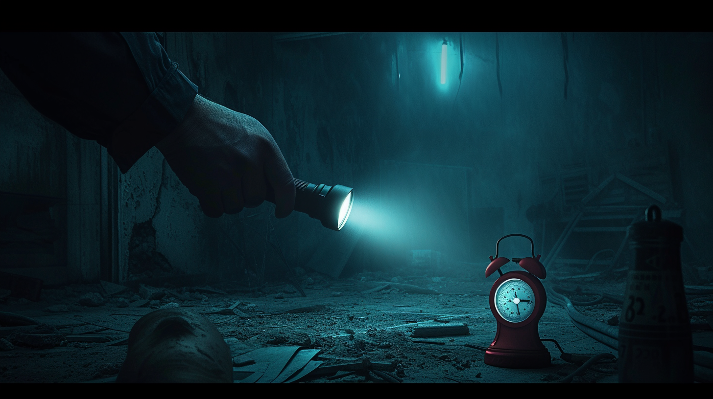 hand holding a flashlight next to timer in a dark disaster setting