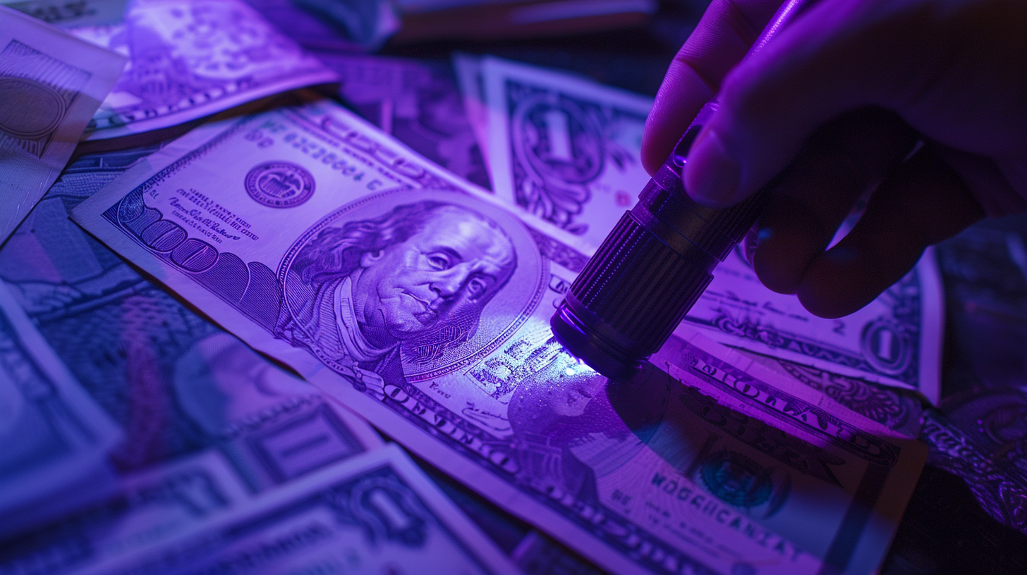 hand holding an ultraviolet flashlight over various currencies 