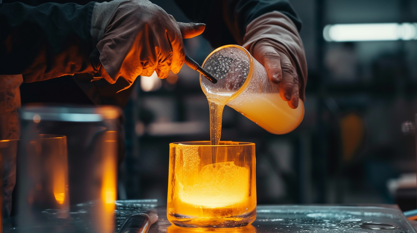 hands carefully pouring hot melted wax into a tall glass mold
