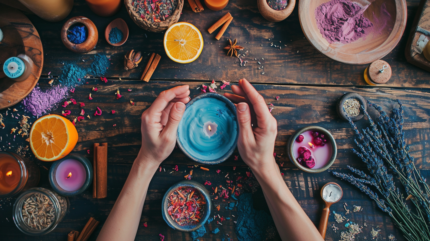 hands crafting candles, mixing vibrant dyes and essential oils into melted wax, surrounded by natural ingredients like lavender, citrus, and cinnamon sticks