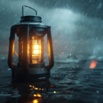 image featuring a rugged, waterproof, and windproof lantern illuminating a dark, stormy background