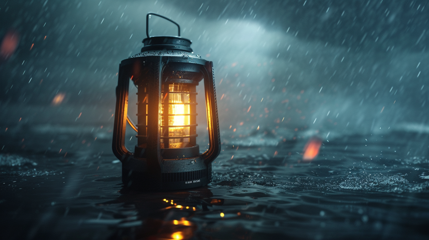 image featuring a rugged, waterproof, and windproof lantern illuminating a dark, stormy background