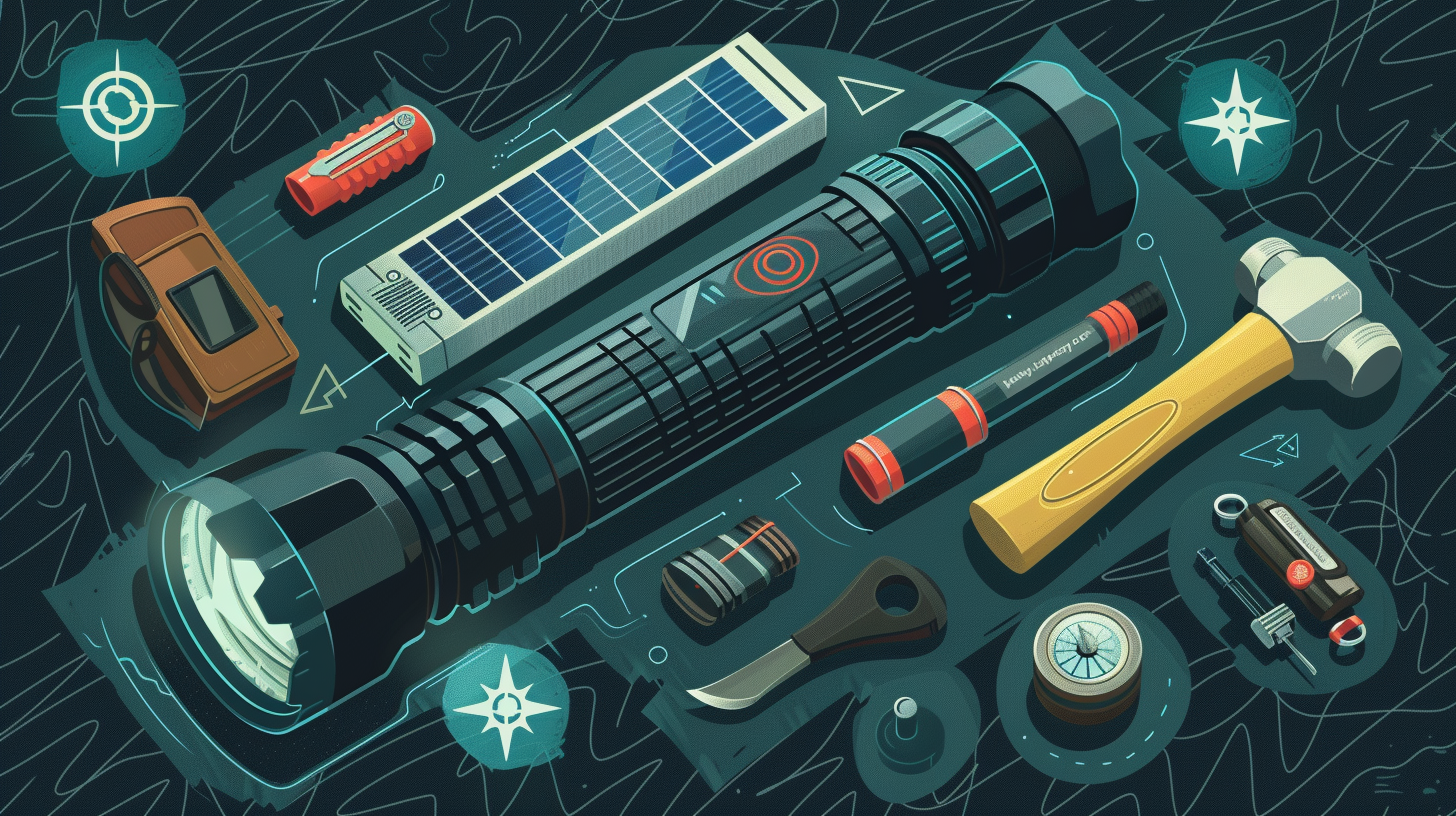 multi-functional flashlight equipped with a solar panel, compass, and hammer, surrounded by symbols representing water resistance, USB charging
