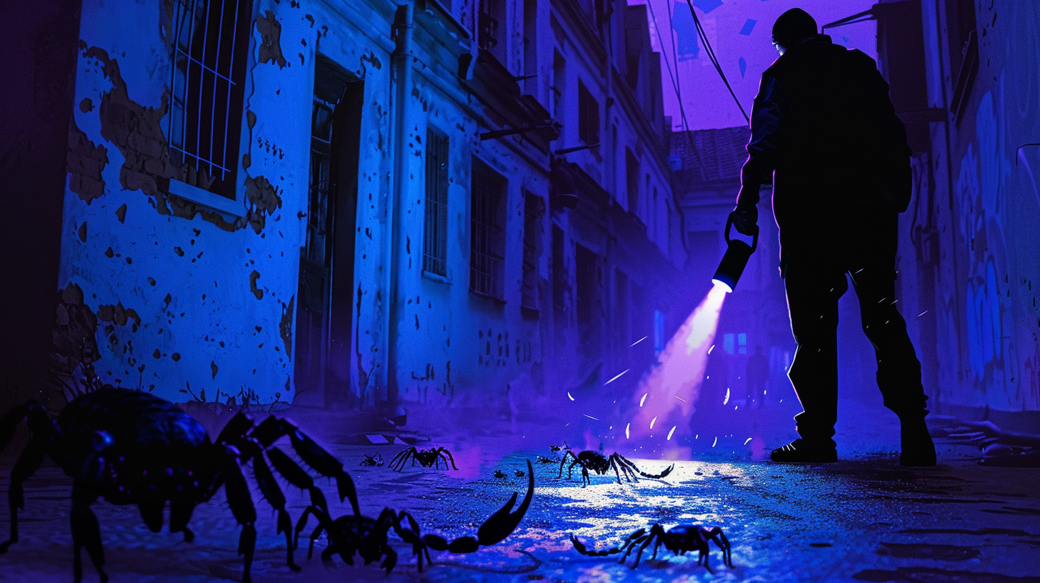 night scene in an urban alleyway, a person holding an ultraviolet flashlight illuminating scorpions on the ground