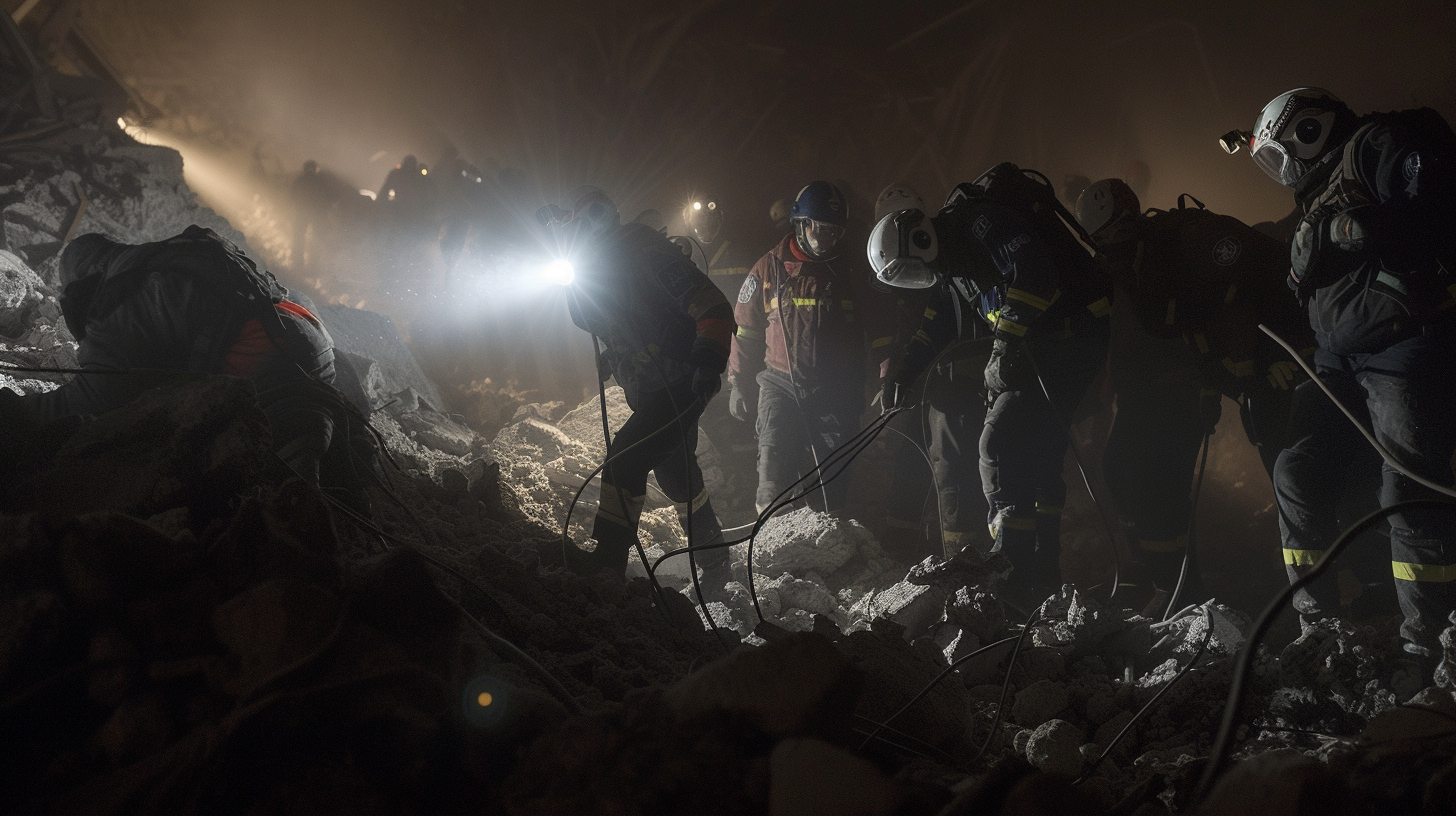 night scene where rescuers wearing headlamps are swiftly navigating through rubble, guiding injured individuals to safety