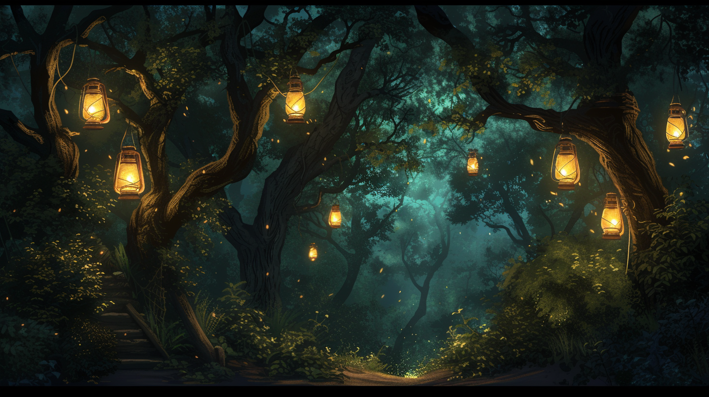 nighttime scene with various lanterns hanging from tree branches and placed around a makeshift shelter