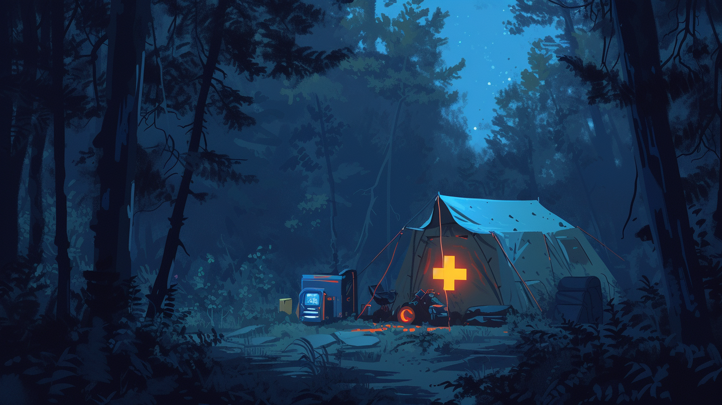 nighttime campsite scene with a power source and medical supplies