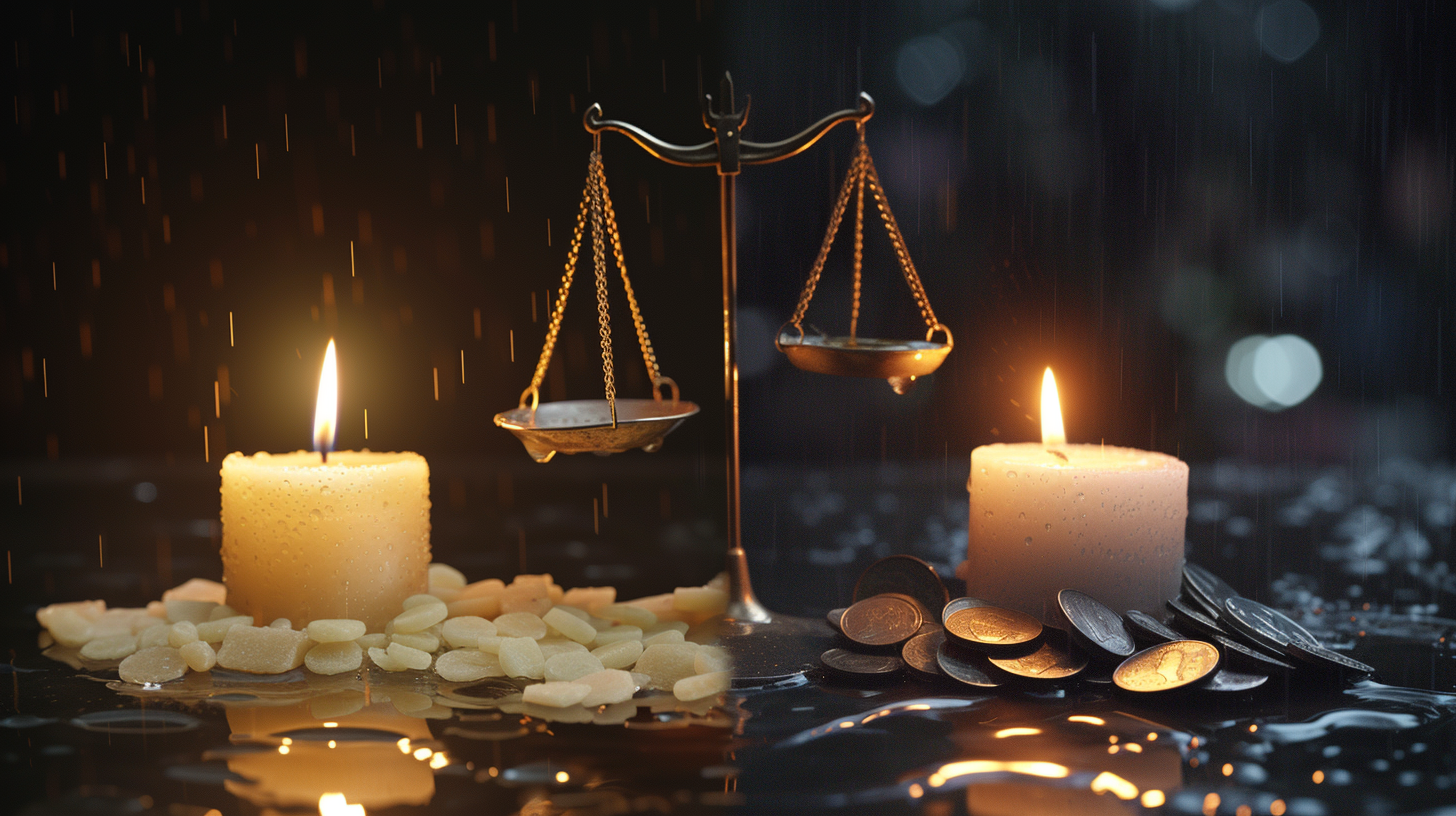 on one side, traditional candles melt under raindrops; on the other, waterproof candles remain lit and intact. A balance scale above compares cost, with coins on either side