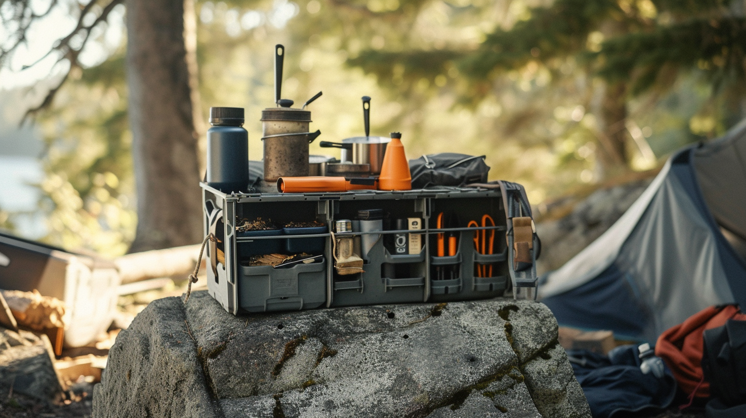 organized fire starters and cooking equipment in a durable, waterproof storage container
