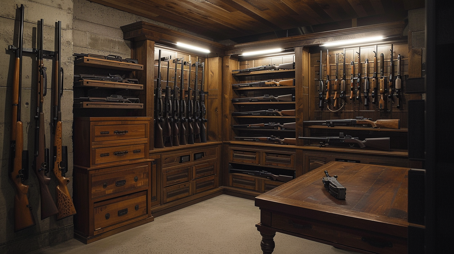 organized underground bunker armory, showcasing secure, locked weapon racks, varied firearms, ammunition shelves