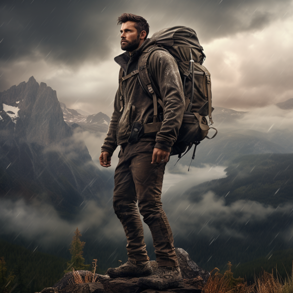 outdoor scene with a backpack, durable boots, a tough jacket, and rip-resistant pants laid on a rough terrain, all under a stormy sky, emphasizing durability and readiness for harsh conditions