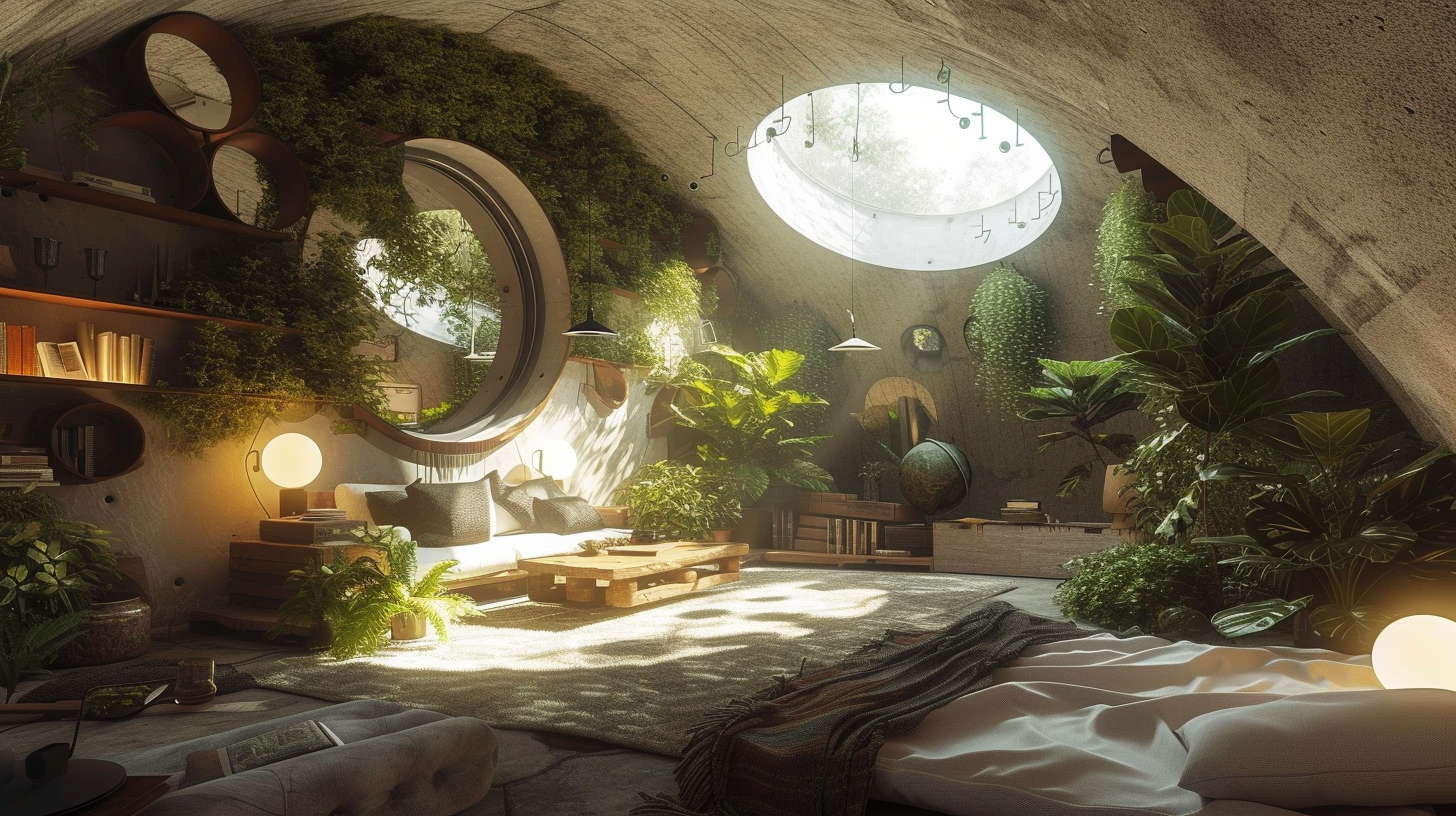 cozy underground bunker with skylights and mirrors strategically placed to channel sunlight throughout the space, showcasing a lush indoor garden, bright living area, and a light-filled reading nook