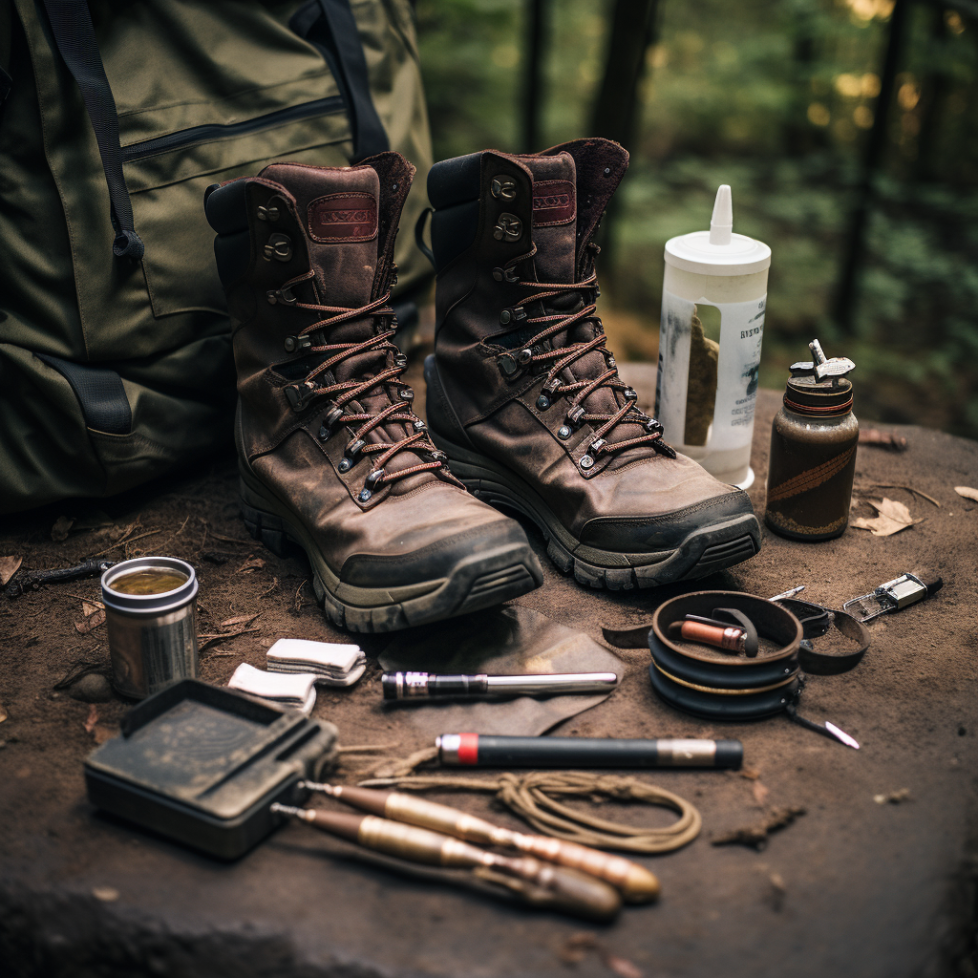 pair of rugged, all-terrain boots beside moisture-wicking socks, a foot insole, and a small foot care kit, all surrounded by a natural, rough outdoor environment suggesting durability and preparedness