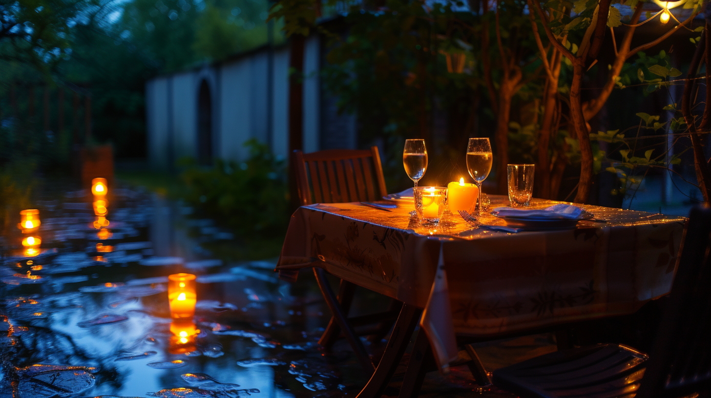 rain-soaked patio at dusk, with waterproof candles
