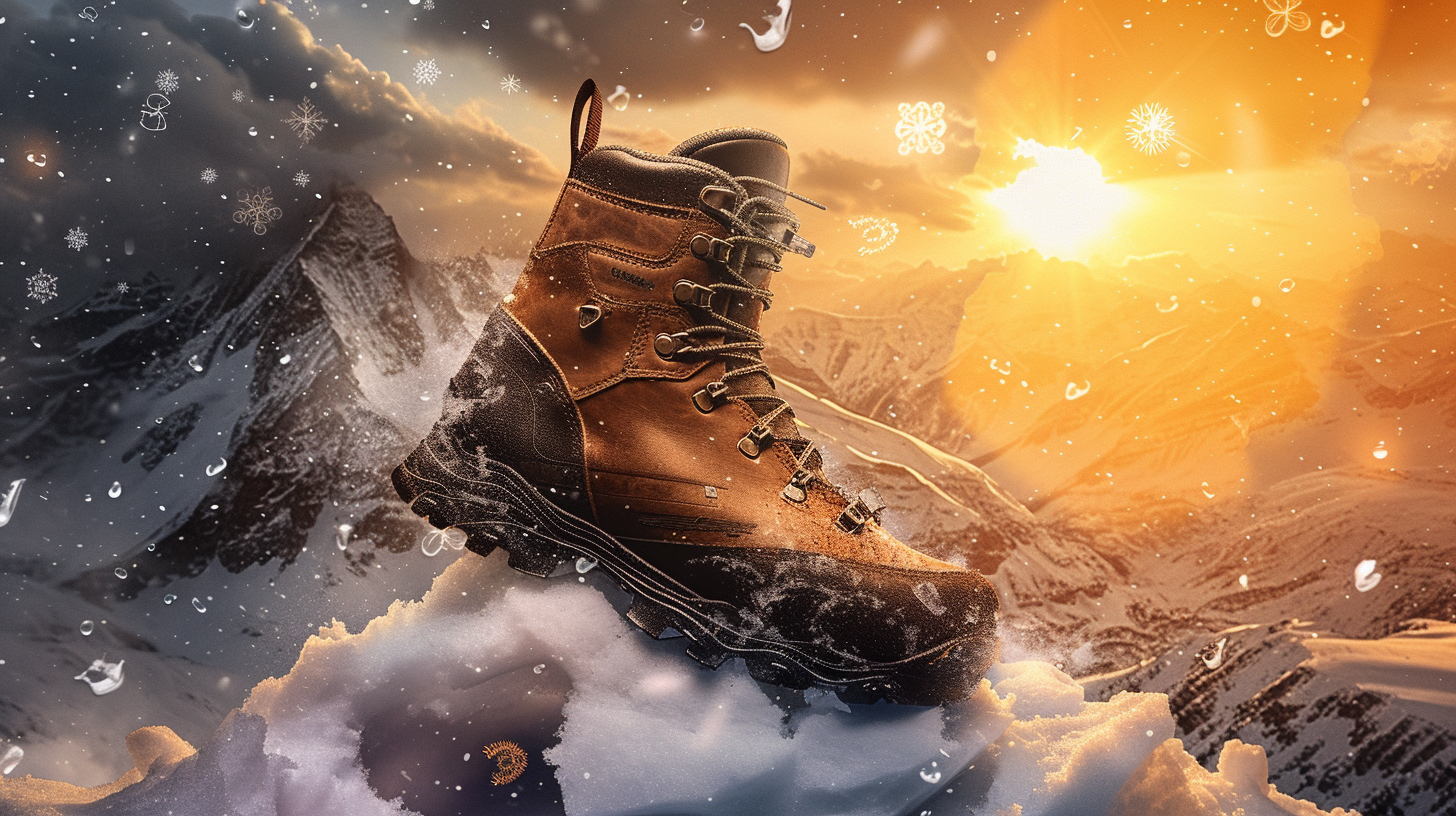 rugged, all-terrain boot with reinforced soles, surrounded by extreme weather symbols (snowflake, sun, raindrop), hinting at its versatility and durability in various environmental conditions