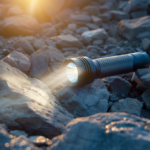 rugged, durable flashlight with a visible rubber casing, waterproof seal, and a strong beam of light shining on rocky terrain