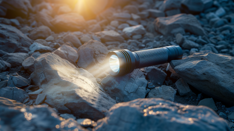 rugged, durable flashlight with a visible rubber casing, waterproof seal, and a strong beam of light shining on rocky terrain
