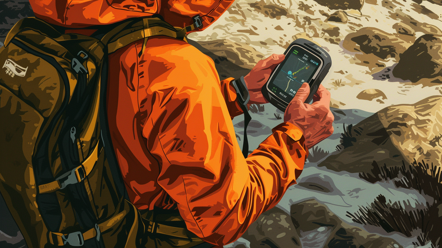 rugged terrain with a hiker using a top-of-the-line handheld GPS device