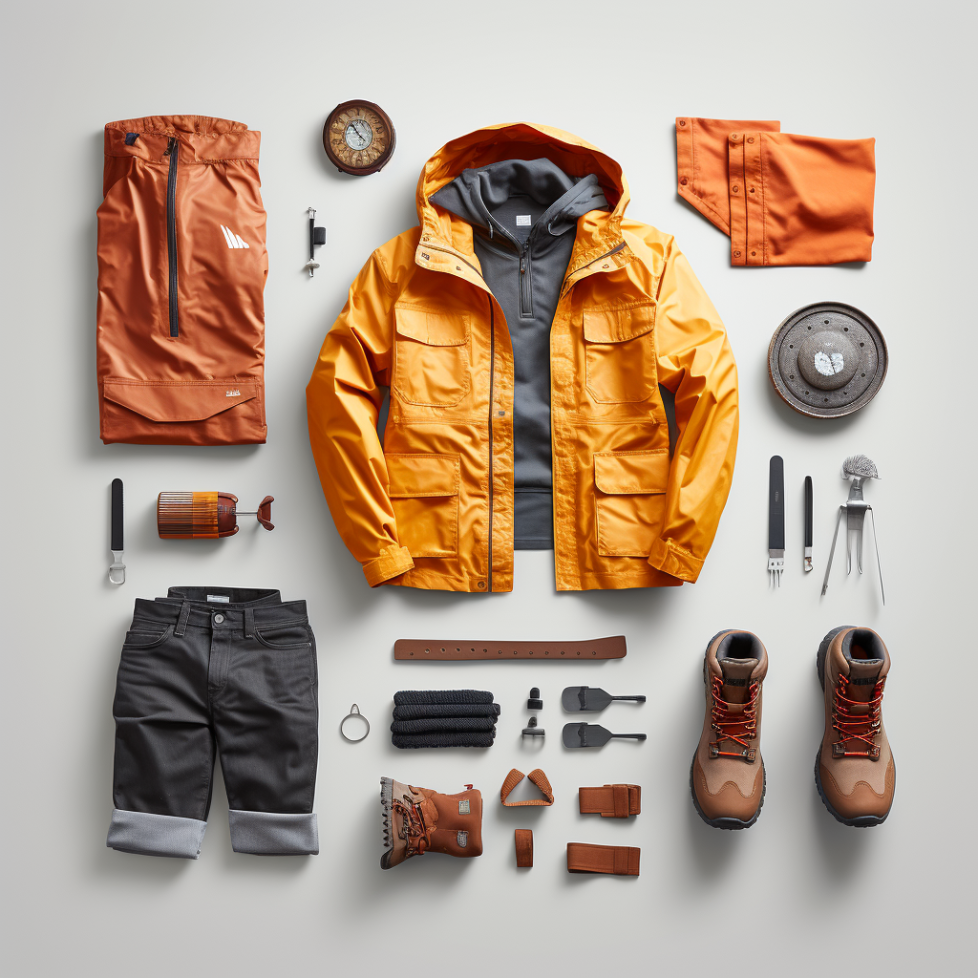 seasonal wheel of durable clothing and footwear- winter boots, spring rain gear, summer breathable fabrics, and fall layered outfits, with rugged, all-terrain shoes in the center