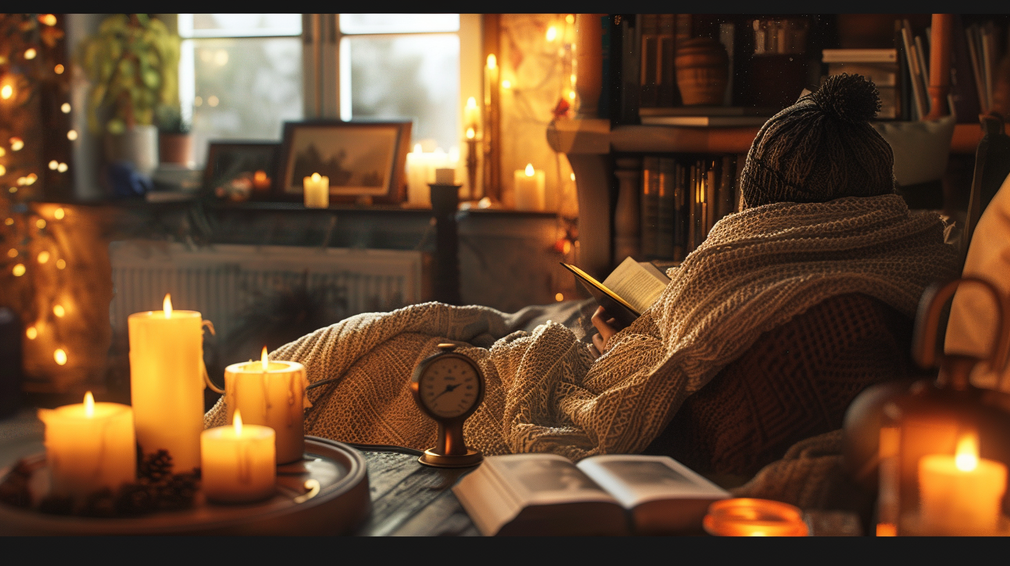 small room with multiple candles burning on a table, a thermometer nearby showing a temperature increase, and a person wrapped in a blanket, reading a book, visibly relaxed and warm