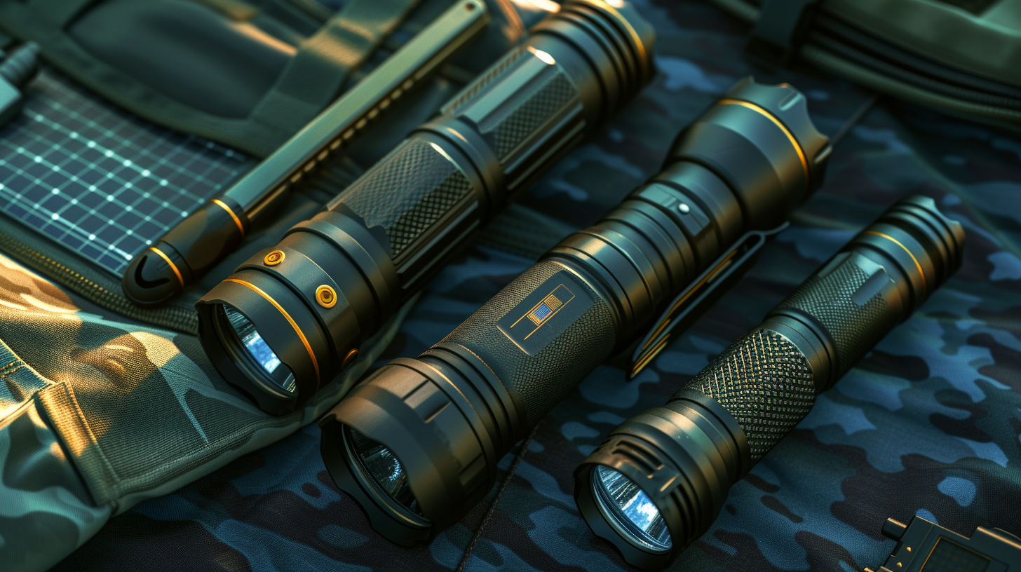 trio of rugged, high-lumen flashlights with distinct features - one waterproof, one with a solar panel, and one compact model