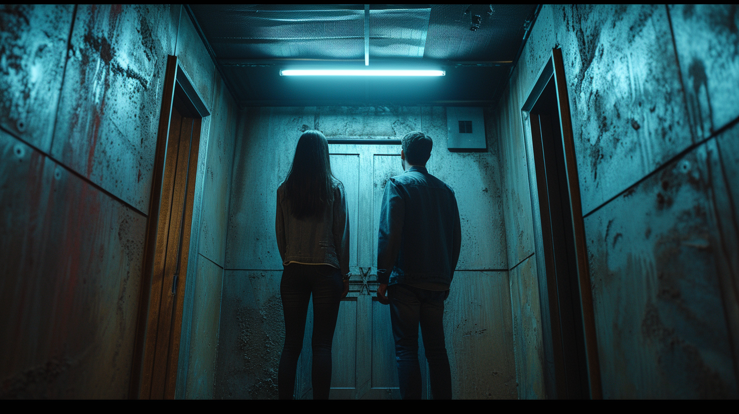 two people standing in a small 4x8 foot reinforced storm shelter with sturdy walls, a heavy door, and a small light