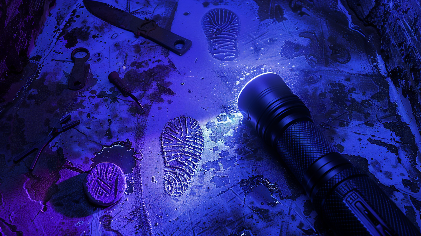 ultraviolet flashlight illuminating fingerprints and footprints in a dark urban alleyway, with various survival tools scattered around