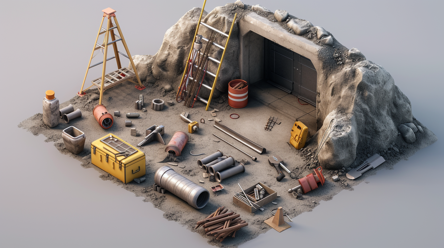 under ground bunker, with a variety of construction materials and tools
