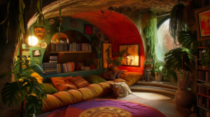 underground bunker living space, featuring cozy, personalized decor such as unique lighting, plush seating, vibrant plants, art-filled walls, and a small, book-lined nook