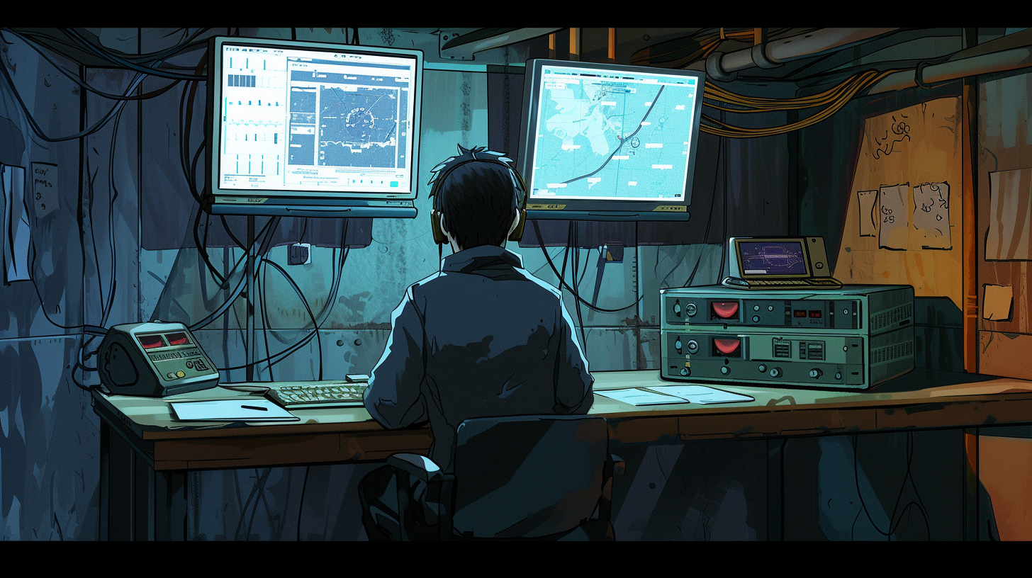underground bunker with a person using a communication device, include a radio and 2 monitors