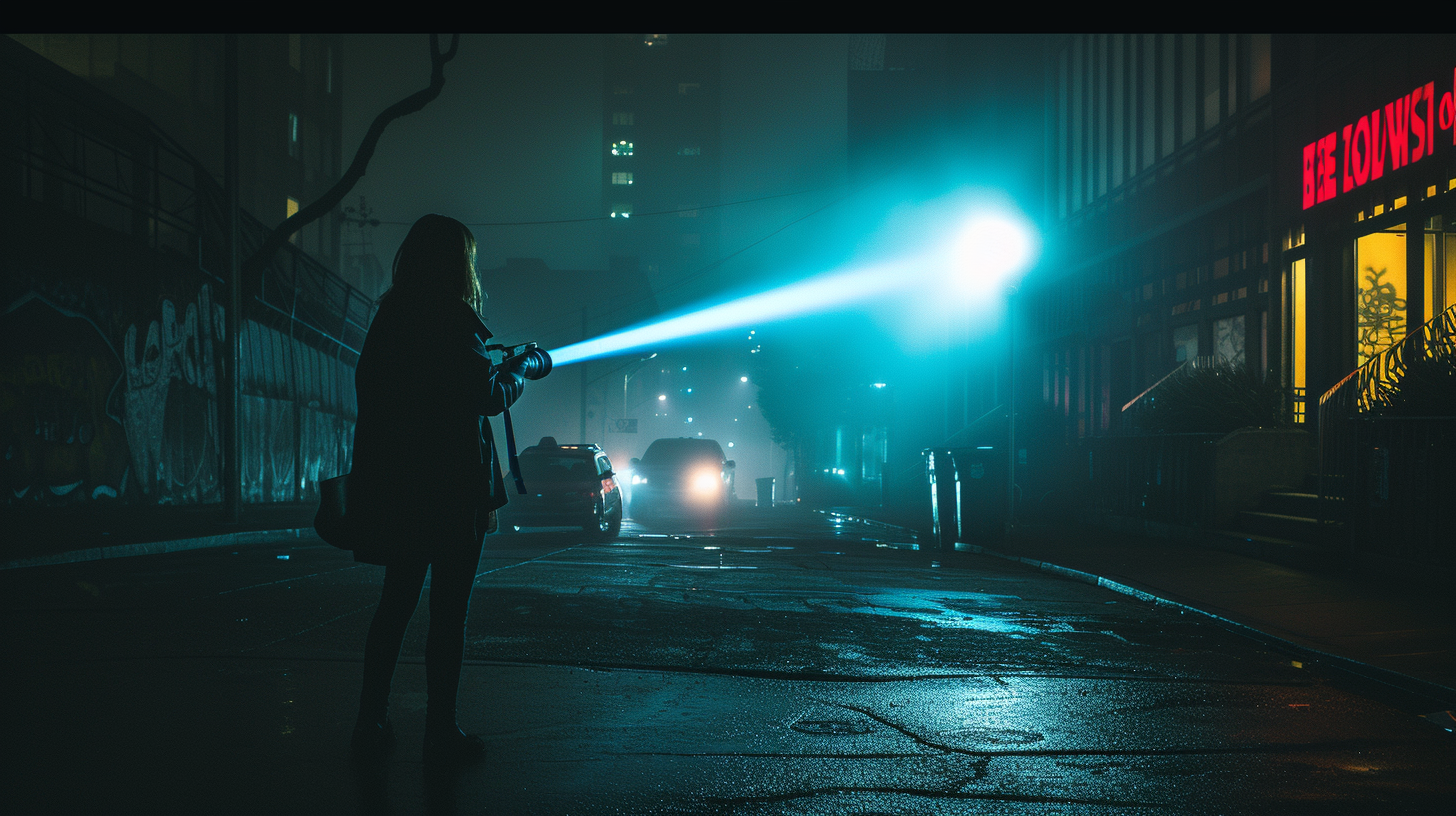 urban scene illuminated by a long-range beam flashlight cutting through the darkness held by a woman