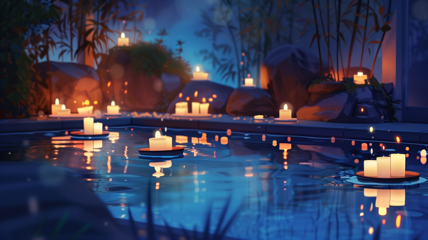 variety of candles, including floating ones, lighting up a serene outdoor pool at night, with reflections on the water